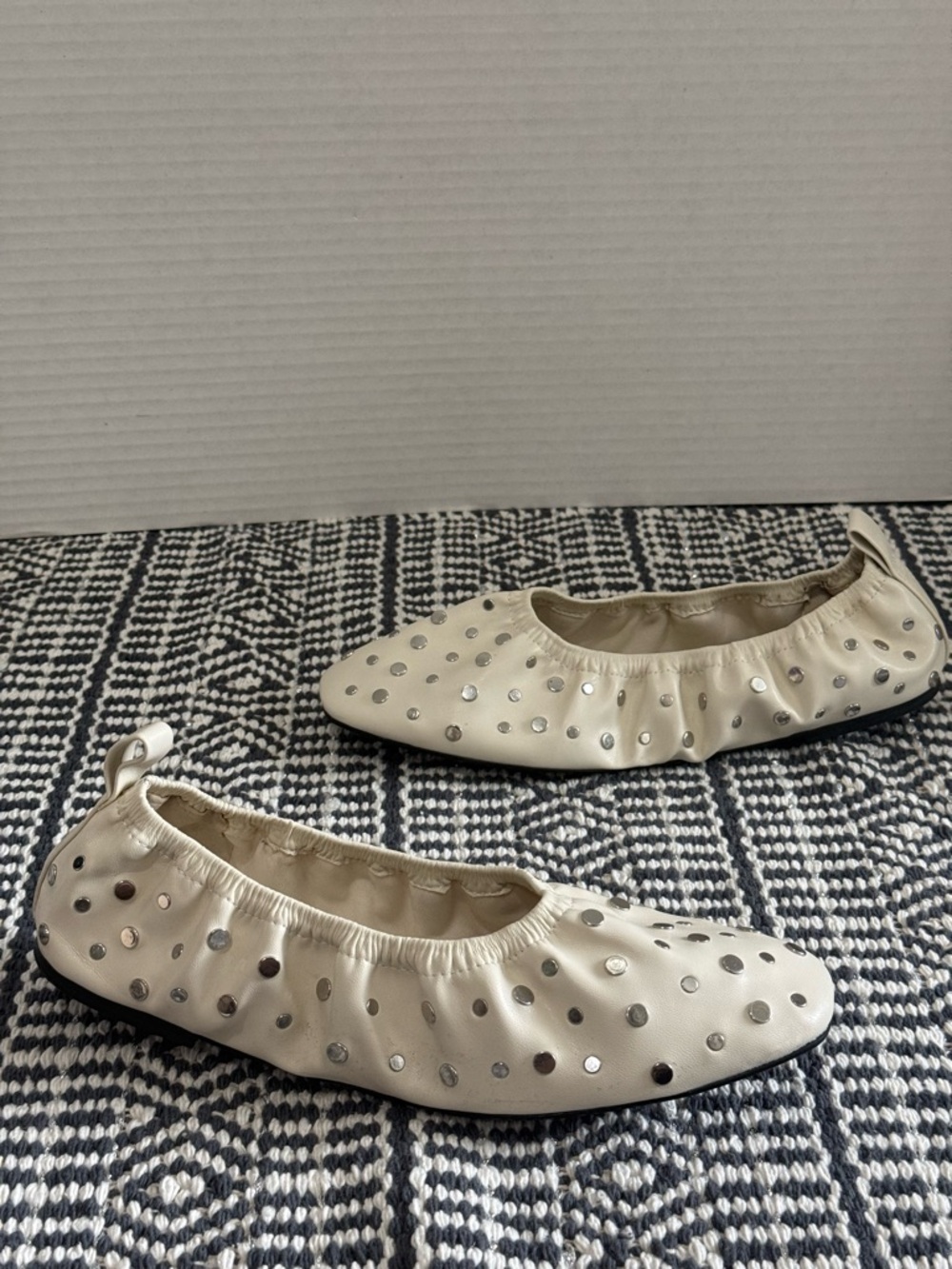H&M Ivory Ballet Stretch Entry Flats with Silver Flat Topped Studded Details
